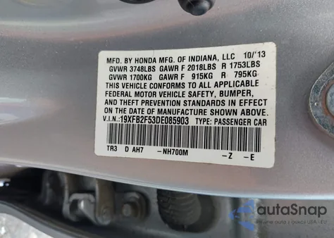 2013 Honda Civic Lx z USA, uszkodzony, nr VIN 19XFB2F53DE085903